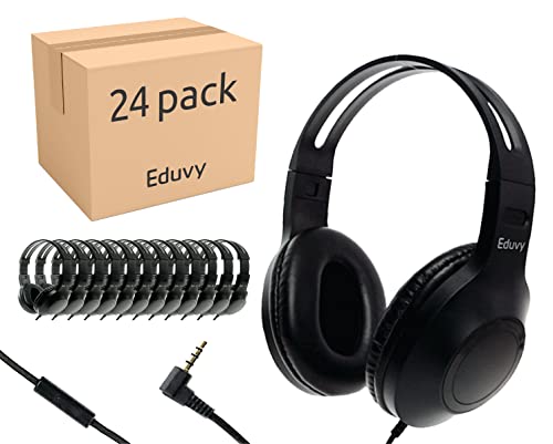 Eduvy Bulk Headphones for Classroom with Microphone, Heavy-Duty School Pack Wired Headphones for Students. Teacher Must Haves Supplies from Elementary to College (24 Pack Black)