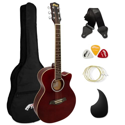 Tiger ACG1-RD Guitarra acústica de cuerpo pequeño con cuerdas de acero para principiantes - Rojo