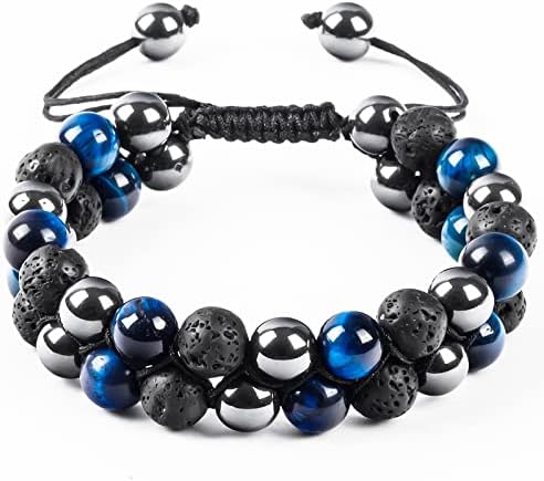 Moonfeel Triple Protection Bracelet,Genuine Tiger Eye Hematite and Volcanic Rock 8mm Beads Bracelet for Men Women,Brings Health-Good Luck-Positive Energy Natural Ore Crystal Bracelet-Blue