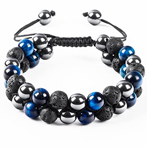 Moonfeel Triple Protection Bracelet,Genuine Tiger Eye Hematite And Volcanic Rock 8Mm Beads Bracelet For Men Women,Brings Health-Good Luck-Positive Energy Natural Ore Crystal Bracelet-Blue #TOP1