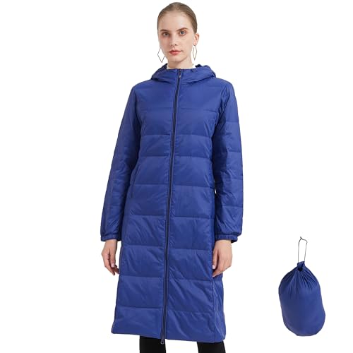 ANYIELIEMO Chaqueta de plumón larga ligera y plegable para mujer, abrigo de viaje con capucha (disponible en tallas grandes), Azul, XXXXXL