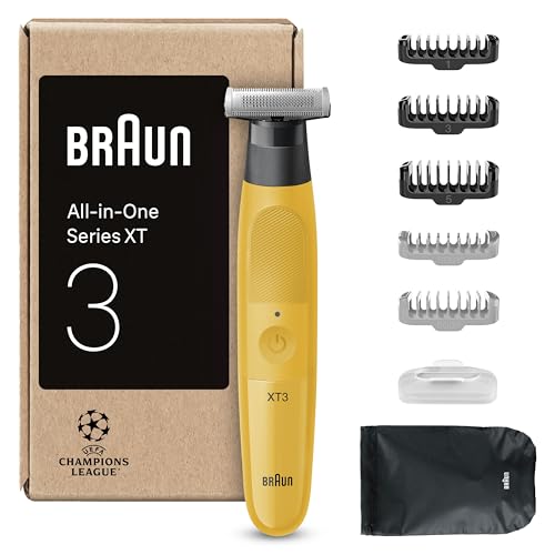 Braun Rasoir Electrique Pour Hommes Tout-En-Un Series 3 XT3 XT3205 Avec Une Lame Unique 4D Flex, Jaune, Coffret De Rasage Avec +7 Outils Pour Styliser Et Raser La Barbe, 3 Sabots Pour Le Visage