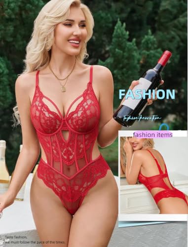 Image of Avidlove Sexy Lingerie for Women Lace Bodysuit Cut Out Snap Crotch Teddy | Seductive floral lace teddy, adjustable straps, scalloped edge, side cutouts, romantic date night wear