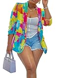 Baczoe Women's Patchwork Color Block 3/4 Sleeve Work Suit Jacket Blazer (Yellow, 2XL)