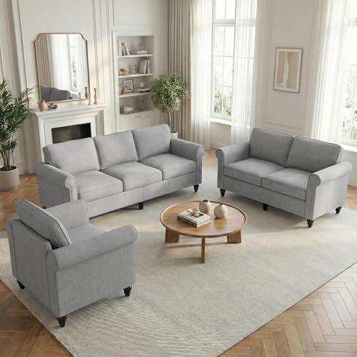 Mjkone 3 Pieces Living Room Sofa Set, Modern Sectional Sofa Couch and Loveseat & Armchair Set, Gourd Shape Wood Legs & Linen Fabric & Nailhead Trim Design Sofas Couches for Living Room, Light Grey