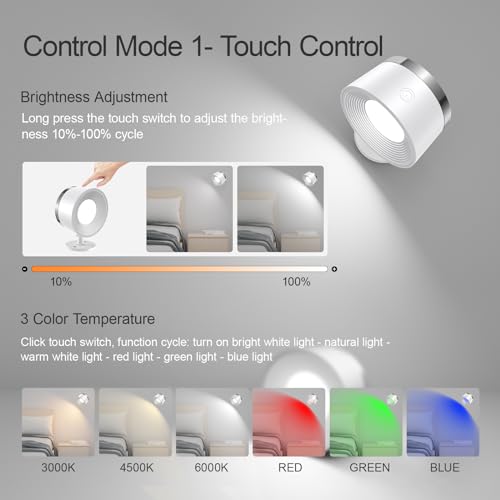 Image of LED Wall Sconces Set of Two, Rechargeable Battery Operated Wall Lights with Remote, Wall Lamp Wireless 3 Color Temperatures + 13 RGB & Dimmable Magnetic 360 Rotation (Two Pack White)