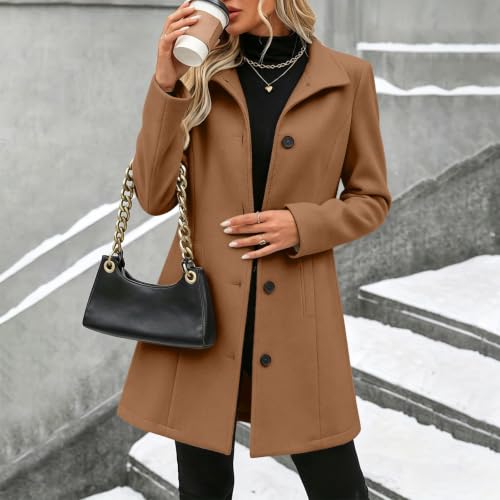 Women's Pea Coat Lapel Collar Single Breasted Mid Length Fall Winter Coat — view 3