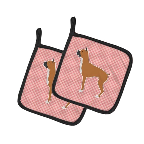 Caroline's Treasures BB3653PTHD Boxer Checkerboard Pink Pair of Pot Holders Kitchen Heat Resistant Pot Holders Sets Oven Hot Pads for Cooking Baking BBQ, 7 1/2 x 7 1/2