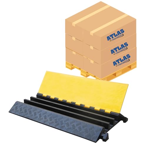 Image of Kable Kontrol Atlas Heavy Duty Cable Protector Ramp - 3 Channel Bulk Wholesale Pallet - 20 Pcs - 36 inch Long Black & Yellow - 44000 Lbs Capacity - Rubber Speed Bump Wire Protector Cord Cover - CP9986