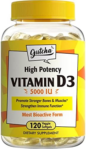 Gutcha Vitamin D3 5000 IU (125 mcg), Bioactive Form of D, Once Daily, Support Bone, Muscle & Immune Health, Non-GMO, No Gelatin, Gluten Soy, 120 Vegetarian Softgels, Count (Pack 1)