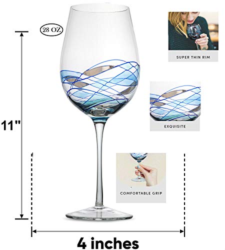 Bezrat Red Wine Glasses Set Of 2, Hand Painted Wine Glass, Drinkware Essentials, 11" H, 28Oz Wine Lover Large Glass, Glassware Gifts Ideas For Women Inspired By 'Duomo Di Milano' Mothers Day (Blue) #TOP1