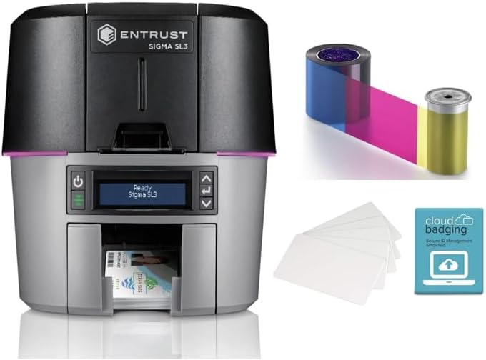 Entrust DatacardDual Sided Sigma SL3 ID Card Printer with Color Ribbon, Blank PVC Cards and Cloudbadging Software Demo