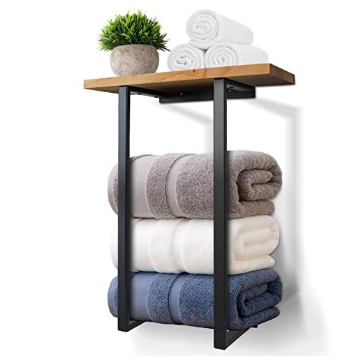 Wellsign Towel Racks for Bathroom Wall Mounted, Metal Towel Holders with Wooden Shelf for Small Bathroom, Rv, Camper Rolled Bath Towel and Hand Towels Holder Storage and Organization Decor