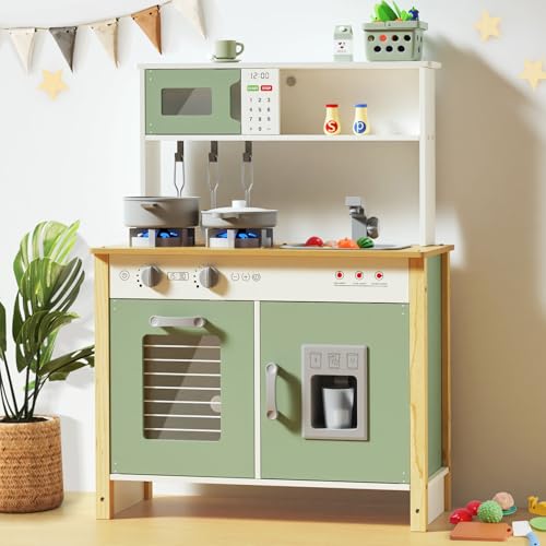 Babytronic Kids Play Kitchen, Wooden Kitchen Playset for Kids Ages 3+ with Real Lights, Sounds, Stove, Sink, Oven, and 30 Pcs Accessories, Toys Kitchen Small Pretend Play Kitchen for Toddlers (Green)