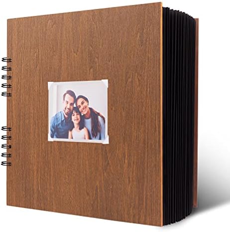 Creawoo Wooden Square Scrapbook Photo Album 30X30 CM Large Black Photo Scrap Book Memory Book with 80 Pages for Baby, Wedding, Travel Record, Blank Inside for Art Craft Designs