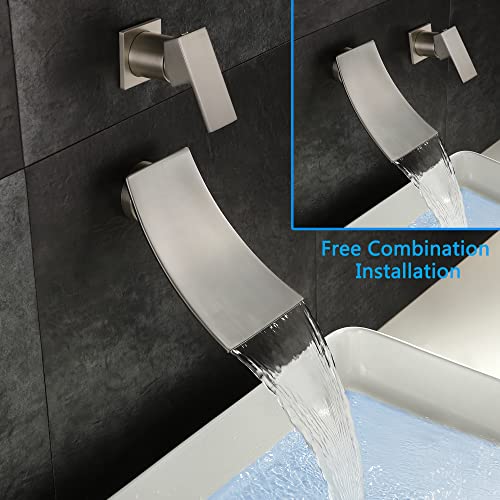 Waterfall Wall Mount Bathroom Faucet Modern Bath Vessel Sink Faucet Single Handle Vanity Lavatory Faucet, Dr Faucet Brushed Nickel #TOP2