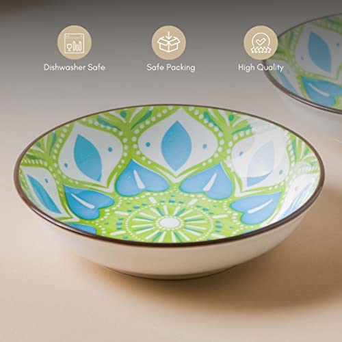 Image of Nestasia Ceramic Round Snack Plate Set of 4 (5.5 Inch Each) - Floral Patterned Dahi Bhalla Plate for Serving Chaat, Halwa, Chakna, & Desserts | Microwave & Dishwasher Safe Small Plate (Green & Blue)