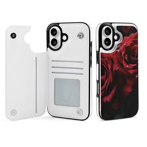 Étui portefeuille imprimé rose rouge et noire pour iPhone 16 Plus