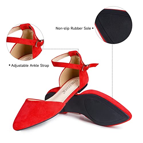 Musshoe Flat Shoes Women D'orsay Pointed Toe Ankle Strap Women's Flats, Red Suede 9 #TOP1