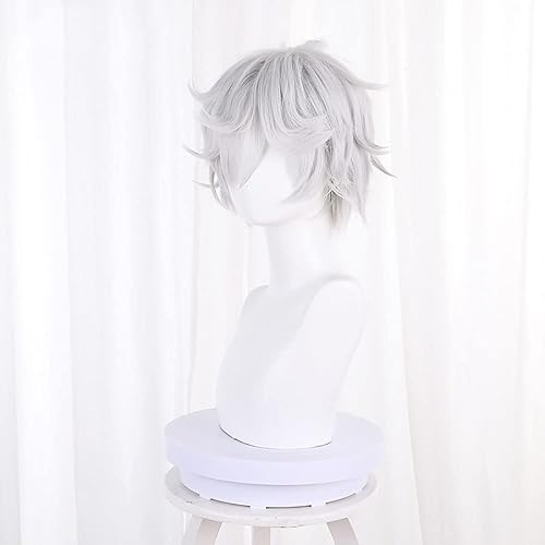 Miniatura 2 de XiongXiongLe Peluca de anime de Halloween, cosplay, color gris y blanco, esponjoso, rizado, pelo corto, pelucas de repuesto para hombres, disfraces