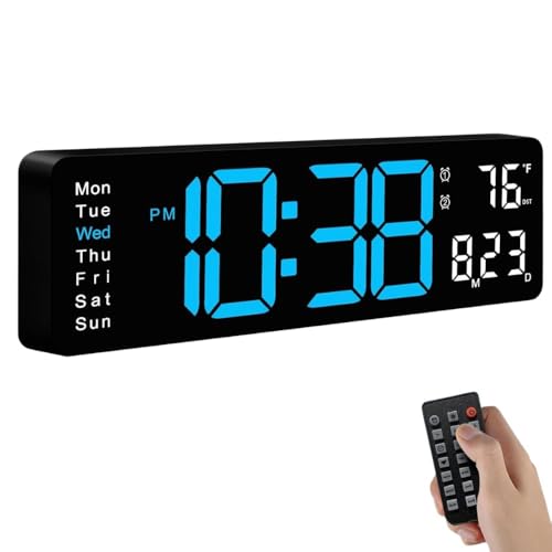 Image of 15-Inch Digital Wall Clock with Large LED Display - Remote Control, Auto-Dimming, Night Light, Date, Day, Temperature, DST Function - Ideal for Living Room, Bedroom (16 Inch Blue)
