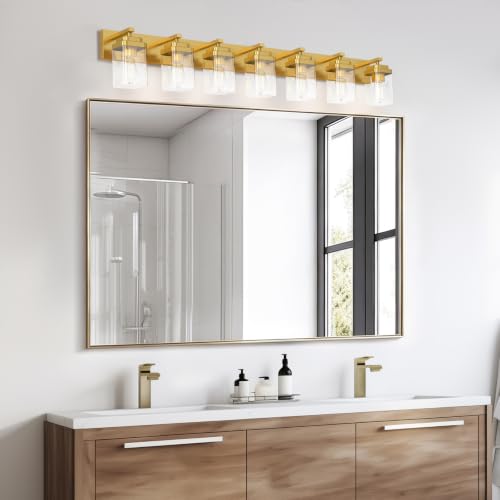 Image of Brushed Gold Bathroom Light Fixtures, 7 Lights Bathroom Lighting Fixtures Over Mirror, Square Design & Rectangle Large Backplate, Modern Vanity Lighting Fixtures, for Living Room /Bedroom