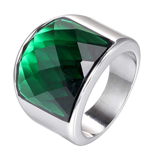 INRENG Men's Stainless Steel Diamond Cut Gemstone Ring 19mm Wide Wedding Band Silver Green Size 8