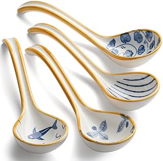 Ceramic Soup Spoons Set of 4 Porcelain Japanese Soup Spoon Long Handle Asian Soup Spoon Sets for Gravy, Soup Noodles, Wontons, Cream