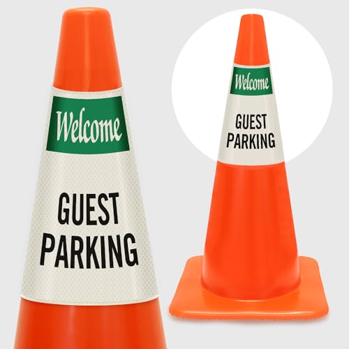 Image of SmartSign 6-Pack inchWelcome - Guest Parking inch Reflective Cone Message Sleeve Collar, 360-Degree Visibility, Non-Adhesive Vinyl Signs for Traffic Safety Cones, 3-Side Print [Cone Not Included]
