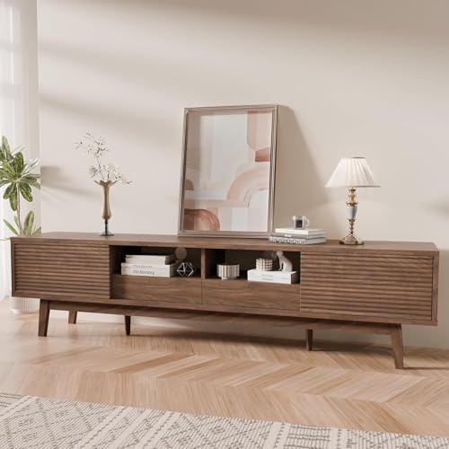 TOLEAD 70" TV Console with Fluted Sliding Doors, Mid Century