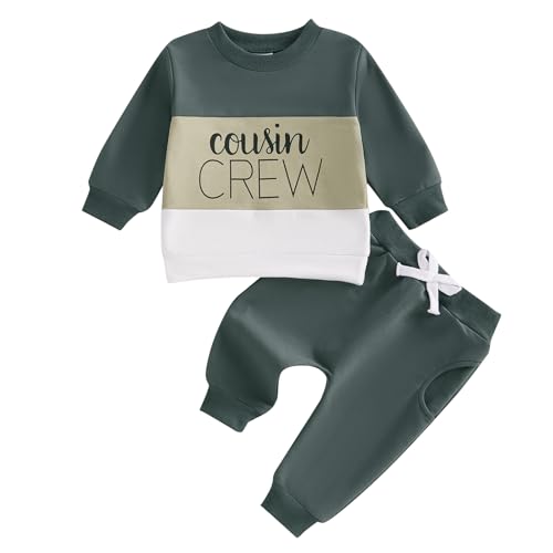 XIXIMAON Cousin Crew - Conjunto de ropa de otoño para bebé, manga larga, color contrastante, sudadera con letras y pantalones elásticos, conjunto de 2 piezas para niños pequeños, verde, 3-6 meses