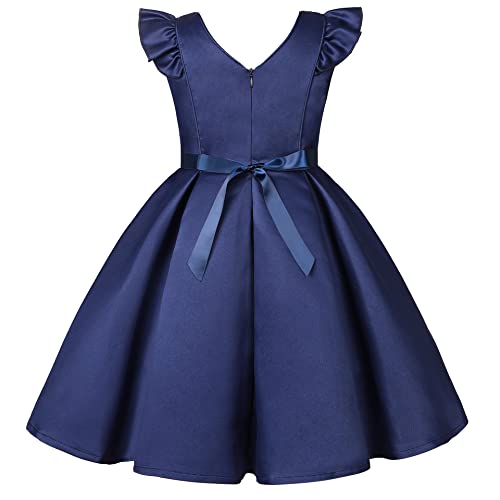 Aimjchld Big Girls Ruffle A-Line Rustic Flower Dress Tea Length Party Wedding Pageant Ball Gowns Sundress Bridesmaid Formal Fancy Graduation Dresses Size 7 8 Years (Navy Blue 140) #TOP1