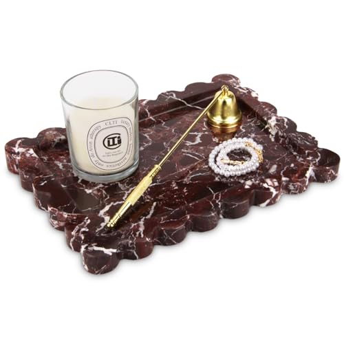 Marble Tray with Scalloped Edge,Luxury Natural Stone Bathroom Vanity Tray Decorative for Dresser Top Perfume Coffee Home Kitchen Sink Key Trinket Ring (Rosso Lepanto, 27 x 20 cm)