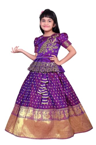 Image of Wommaniya Impex New south Indian traditional pattu pavadai Jecquard Lehenga choli for girls dress