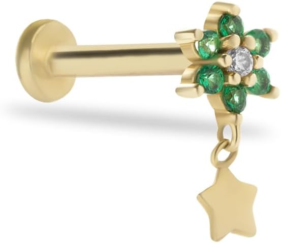generic Flower Stud Labret Cartilage Piercing Earring With Green Zircons And Star Pendant - 14K Solid Yellow Gold - For Helix Tragus Lobe Conch Flat & Other Body Piercing BY KORAL JEWELRY