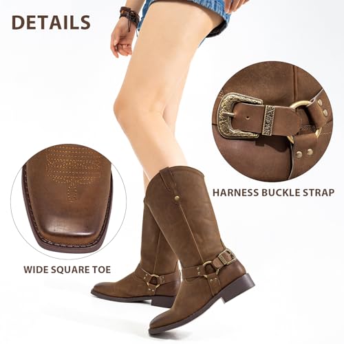 J's.o.l.e Women's Fashion Harness Buckle Strap Wide Calf Cowboy Boots Square Toe Western Riding Cowgirl Boots3