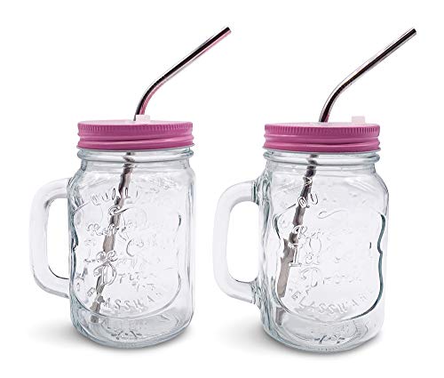 Home Suave Mason Jar Mugs With Handle, Regular Mouth, Colorful Lids With 2 Reusable Stainless Steel Straw, Set Of 2 (Pink), Kitchen Glass 16 Oz Jars,Refreshing Ice Cold Drink & Dishwasher Safe #TOP8