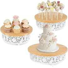 3-Tier Wooden Cake Pop Stand Set, White Metal Decorative Border, 11.8/8.7/7.1 Inch Round Display Stands with 35 Holes, 50 Sticks Included for Party Wedding
