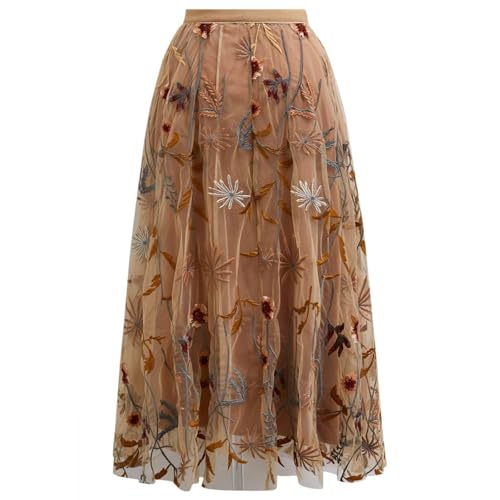 CHICWISH Women Floral Embroidered Tulle Skirt Flared A Line High Elastic Waist Mesh Double-Layered Midi Skirt3