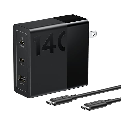 Lenovo 140W USB C Charger, GaN Power Adapter with 3-Port Fast Charging, PD 3.1 Compatible, Black, for ThinkPad, MacBook, iPhone, Samsung Galaxy, with 240W Cable