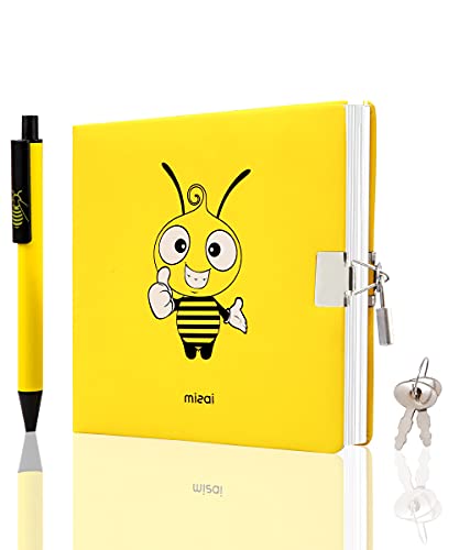 CAGIE Diary with Lock and Key for Boys and Girls, Locking Diary with Keys, Secret Private PU Leather Journal for kids, 96 Sheets Lined and Blank Pages Journals with Pen, 6.3 inch x 6.3 inch, Bee