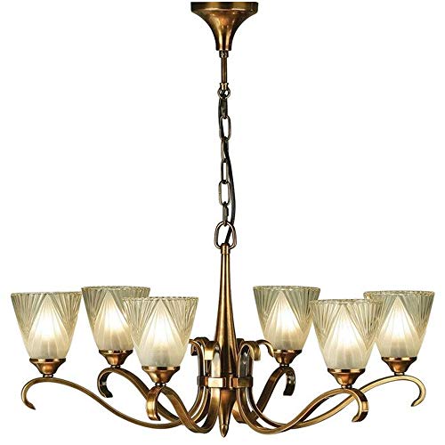 Image of Hanging Ceiling Pendant Light – Antique Brass & Art Deco Frosted Glass Shades – 6X Lamp Bulb Chandelier/Candelabra – Traditional Curved Arm Fitting – Adjustable Height/Drop 450mm – 1450mm