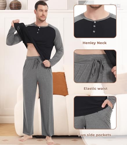 Image of NACHILA Mens Pajamas Set Viscose Made from Bamboo Henley Top Sleep Pants | Henley Top,Soft pants,Tagless Comfort,Moisture Wicking,Ultra silky, All season Loungewear Set, Jogger Sweatpant,Match set