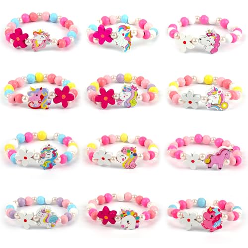 12 Stück Freundschaftsarmbänder, Armbänder Kinder, Einstellbare Geflochten Armbänder Mädchen, Kindergeburtstag Gastgeschenke für Jungen & Mädchen (Bunte-Einhorn Holz)