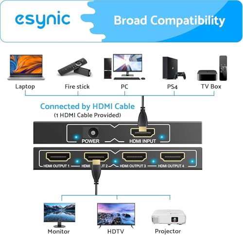 eSynic 4K@30HZ HDMI Splitter 1In 4Out Metal Shell Signal Transmission Stability 4 Way HDMI Splitter HDCP 1.4 Hdcp Bypass Splitter Supports Dolby& Other Audio Formats for Lap-top HDTV PS4 Blu-ray etc - Image 5