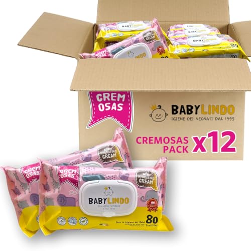 Lingettes bébé BabyLindo | Formule spéciale avec crème hydratante et huile d'amande | Hypoallergéniques | Pack de 12 x 80 (960 lingettes crémeuses)