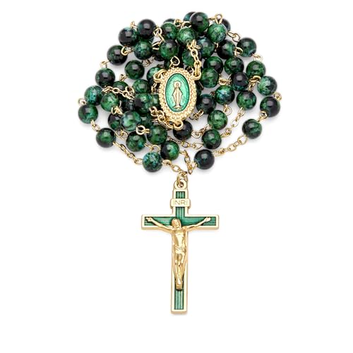 Chapelet vert en laiton doré pour prière et méditation