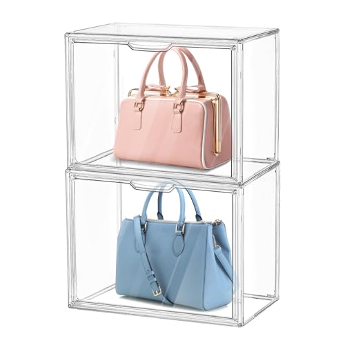 YHANEC 2Stück aufbewahrungsbox transparent, Kunststoff-Handtaschen-Organizer für Schrank, Handtasche und Schuhe, Spielzeug, handtaschen aufbewahrung stapelbar