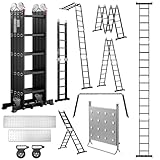 TEENO Escalera Multifunción 7 en 1, 5.82 M, 4 x 5 Escalones, Escalera Plegable de Aluminio con 2 Plataformas, Soporte de Trabajo para Escalera, Patas de Goma, 2 Ruedas Extraíbles, Carga 150 kg, Negro