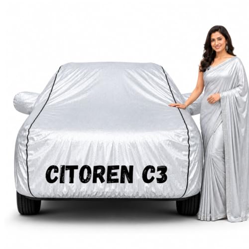 Image of Waterproof Car Body Cover for C3 All Weather Protection Comes with Inner Cotton Lining & Triple Stitched with Mirror & Antenna Pocket Belt & Elastic Fit Metallic Silver with Black Piping2